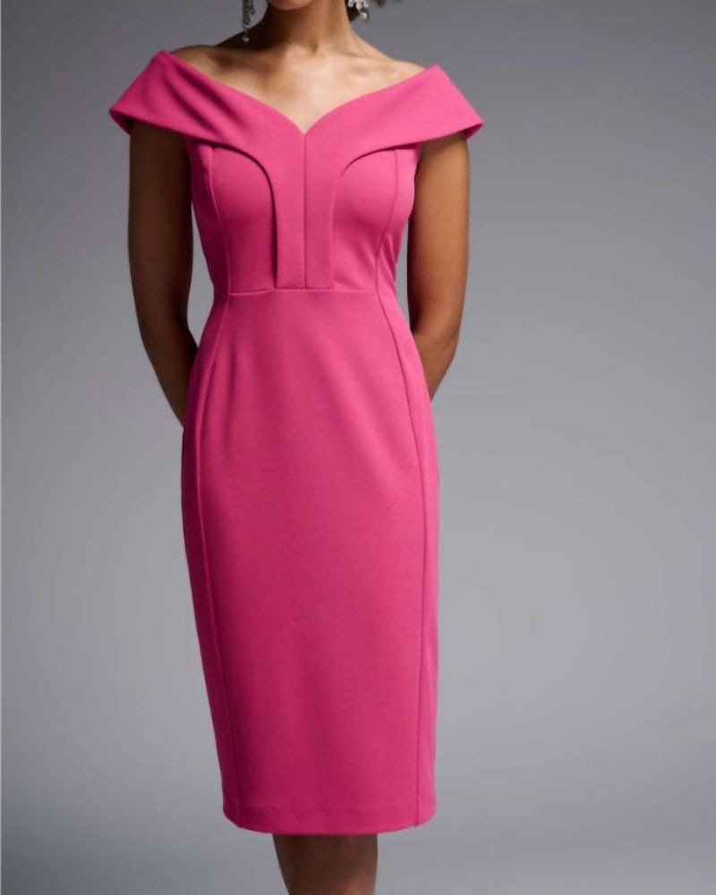 Front of a model wearing a size 12 Off-Shoulder Shift Dress In Hibiscus in Hibiscus by Joseph Ribkoff. | dia_product_style_image_id:342412